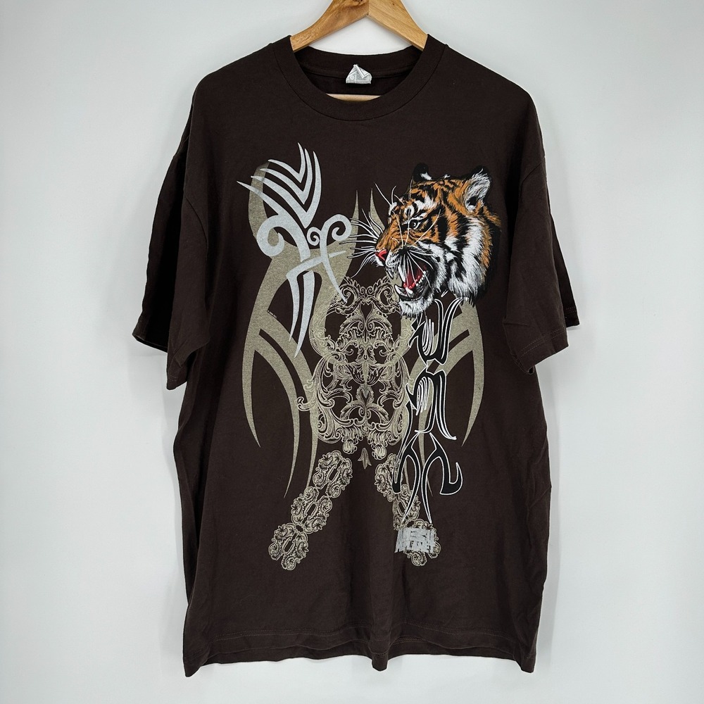 Y2K Animal Planet Large Tiger Print XL Cotton T-shirt Men's AL STYLE Brown